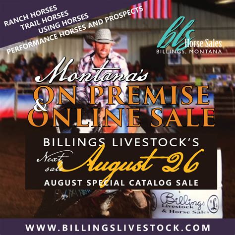 Billings horse sale - Feb 29, 2024 · Horse Sale Manager 406.855.1947 Main Office 406.245.4151 406.245.4821 info@billingslivestock.com. Jann Parker, Horse Sale Manager. 406.855.1947 View More . Home; About; Cattle Sales; Horse Sales; Video Sales; Contact; 2443 North Frontage Road Billings, MT 59101 ©2024 Billings Livestock Commission. Website by Zee Creative. …